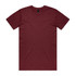 A maroon T-shirt with short sleeves and a round neckline, featuring a logo on the inside label.