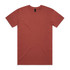 A rust-coloured t-shirt displayed flat, featuring a simple design and a brand logo on the inside collar.