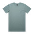 A light blue T-shirt with a crew neckline and a logo on the label. Flat lay design.