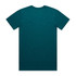 A teal T-shirt featuring a plain back and a simple design, with a branding logo present.