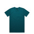 A teal T-shirt with a classic crew neck design and a tag label, featuring a logo.