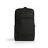 A black backpack with multiple zipped compartments and an adjustable strap. It features a logo on the front.