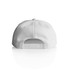 A white cap featuring a snapback closure and a plain design with no visible branding.