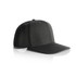 A black cap featuring a curved brim and a fitted design, with a logo on the front.