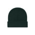 A dark green cuff beanie featuring a fold at the bottom and a textured knit design. It has a logo.