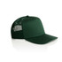 A green trucker cap with a solid front and mesh sides, featuring a logo.