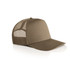 A khaki trucker cap featuring a mesh back and a solid front panel, with a curved brim and a logo.