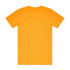 An orange t-shirt featuring a plain back design and short sleeves, with a logo present.