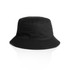 A black bucket hat featuring a sturdy brim and a simple design, with a logo on the side.