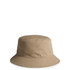 A tan bucket hat with a wide brim and a fabric texture, featuring a small logo on the side.