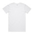 A plain white T-shirt with a round neckline and short sleeves, featuring a logo on the back.