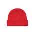 A red beanie with a folded cuff and a textured knit pattern, featuring a logo.