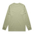 A long-sleeve tee in a muted green colour, featuring a simple design and a logo on the back.