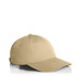 A beige cap with a curved brim, featuring adjustable back fastening and a logo.