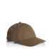A khaki cap with a curved brim and adjustable strap, featuring a logo on the side.