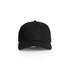 A black cap with a logo on the front, featuring a curved peak and a structured design.