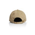 A beige five-panel cap featuring a rear adjustable strap and a logo on the side.