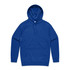 A blue hoodie with a front pocket and a drawstring hood. The garment features a logo.