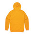 A yellow hoodie with a hood and long sleeves displayed from the back. It features a logo.