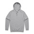 A grey hoodie featuring a front pocket and a drawstring hood, with a logo on the front.