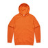 An orange hoodie featuring a drawstring hood and a front pouch pocket. It has a logo on it.