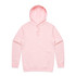 A pink hoodie featuring a front pocket and a drawstring hood, with raglan sleeves and a logo.