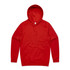 A red hoodie with a front pocket and a hood, featuring a branding logo.