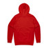 A red hoodie with a hood, featuring a solid back design. It includes a logo on the garment.
