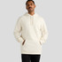 A cream-coloured hoodie with a front pocket and a drawstring hood, featuring a logo.