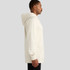 A cream-coloured hoodie with a hood, featuring a side view of a model. It has a simple design and logo.
