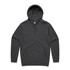 A dark grey hoodie with a front pocket and a drawstring hood, featuring a logo on the chest area.