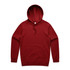A red hoodie featuring a front pocket and a drawstring hood. It has a logo on the design.