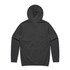A black hoodie with a hood and long sleeves, featuring a plain design and a logo on the back.