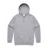 A grey hoodie featuring a front pocket and a drawstring hood, with a branding logo.