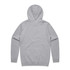 A grey hoodie with a hood, featuring long sleeves and a plain back. It has a logo on it.