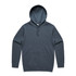 A grey hoodie featuring a front pocket and a hood, with a brand logo on it.