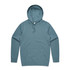 A teal hoodie with a front pocket and a drawstring hood. It features a branding logo.