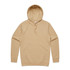 A beige hoodie with a front pocket and a drawstring hood, featuring a logo on the fabric.