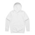 A white hoodie with a front pocket and a large hood, featuring a brand logo.
