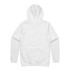 A white hoodie with a back view, featuring a hood and long sleeves. It includes a logo.