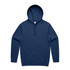A navy blue hoodie with a front pocket and a hood, featuring a logo on the inside label.