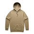 A tan hoodie featuring a kangaroo pocket and an adjustable drawstring hood, with a logo present.