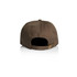 A brown cap featuring a curved brim and an adjustable strap at the back, with a logo present.