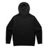 A black hoodie is displayed, featuring a hood and long sleeves. The back view emphasizes its simple design.