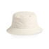 A cream nylon bucket hat with a rounded top and wide brim. It features a logo tag.