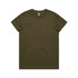 A plain olive green T-shirt featuring a rounded neckline and short sleeves, with a small logo on the label.
