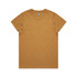 A mustard-coloured T-shirt with a round neckline and short sleeves. It features a logo on the label.
