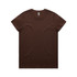A brown t-shirt with a round neck and short sleeves, featuring a logo on the inner label.