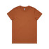 A brown t-shirt with a round neck and short sleeves, featuring a logo on the label.
