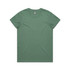 A green T-shirt with a classic round neckline and short sleeves, featuring a logo on the label.